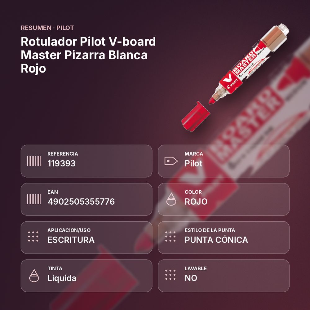 ROTULADOR PILOT V-BOARD MASTER PIZARRA BLANCA  ROJO - resumen de atributos
