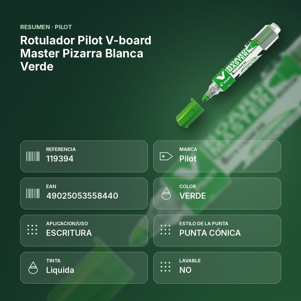ROTULADOR PILOT V-BOARD MASTER PIZARRA BLANCA  VERDE - resumen de atributos
