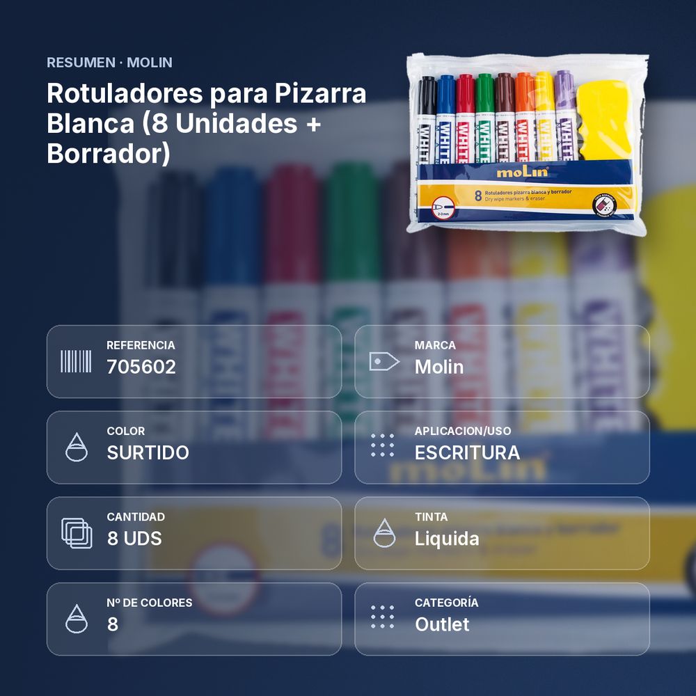 ROTULADORES PARA PIZARRA BLANCA (8 UNIDADES + BORRADOR) - resumen de atributos