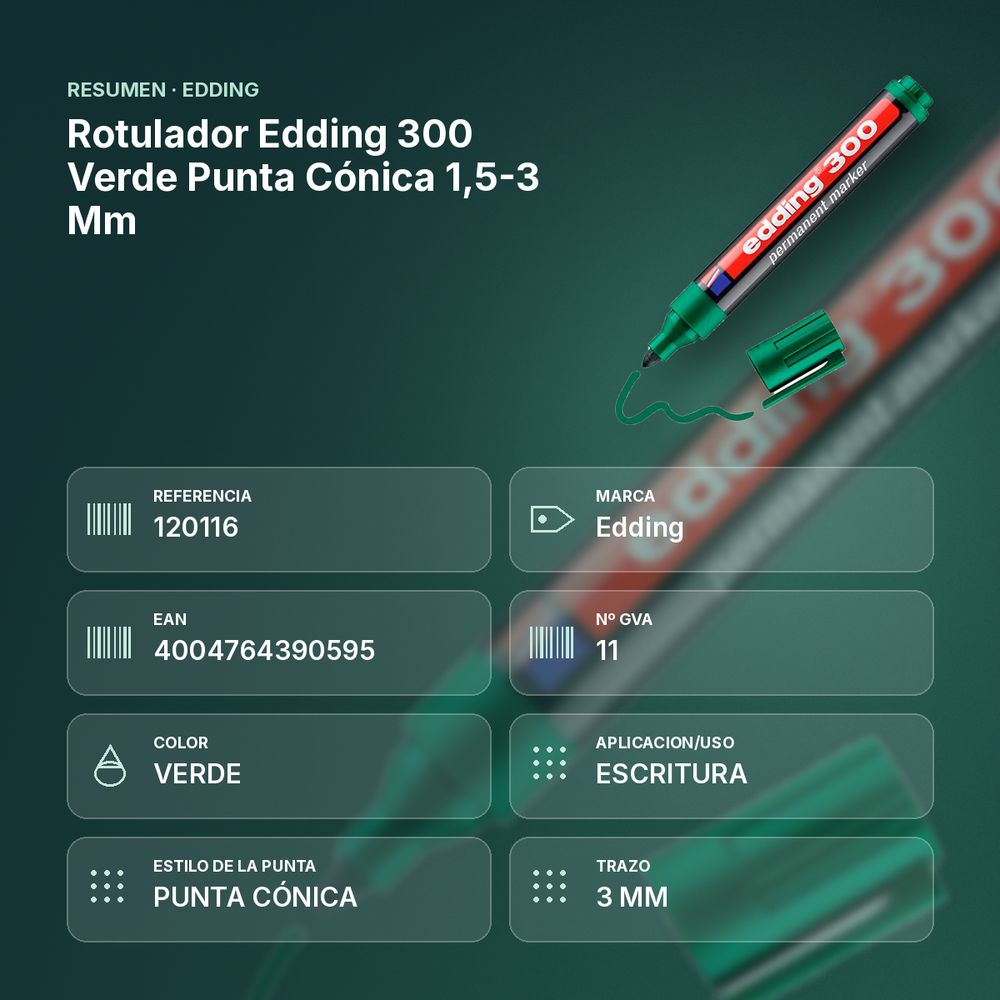 ROTULADOR EDDING 300 VERDE PUNTA CÓNICA 1,5-3 MM  - resumen de atributos