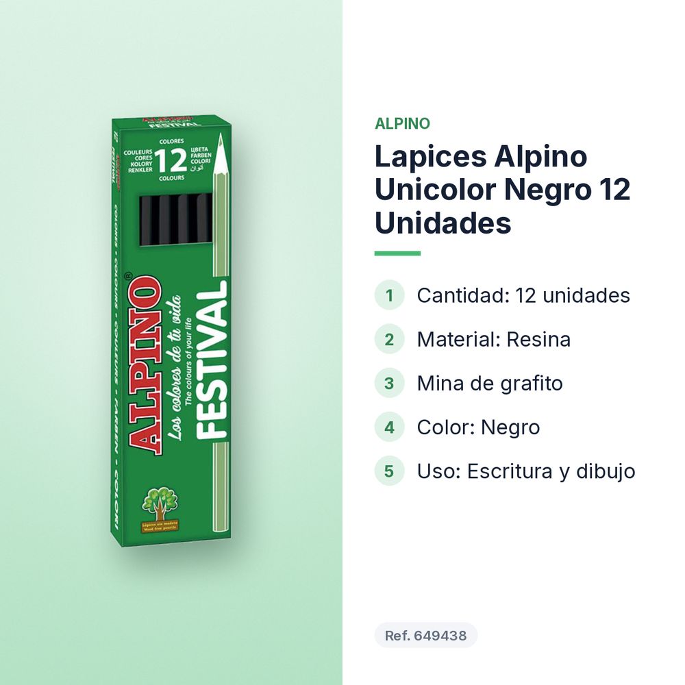 LAPICES ALPINO UNICOLOR NEGRO 12 UNIDADES - características principales