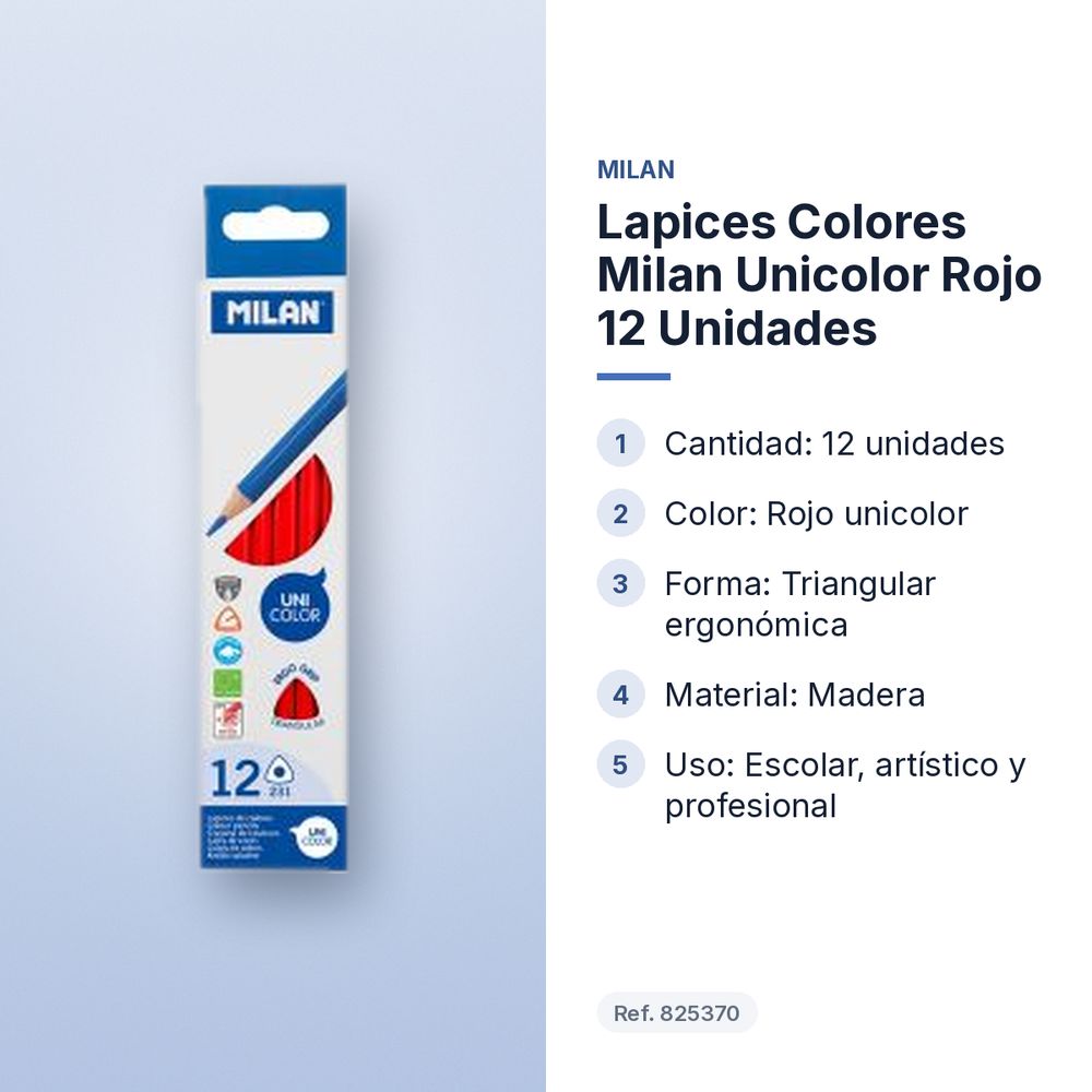 LAPICES COLORES MILAN UNICOLOR ROJO 12 UNIDADES - características principales