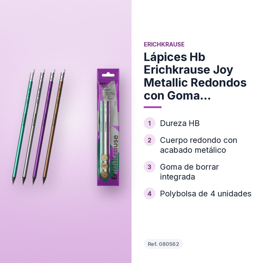 LÁPICES HB ERICHKRAUSE JOY METALLIC REDONDOS CON GOMA POLYBOLSA 4 UDS - características principales
