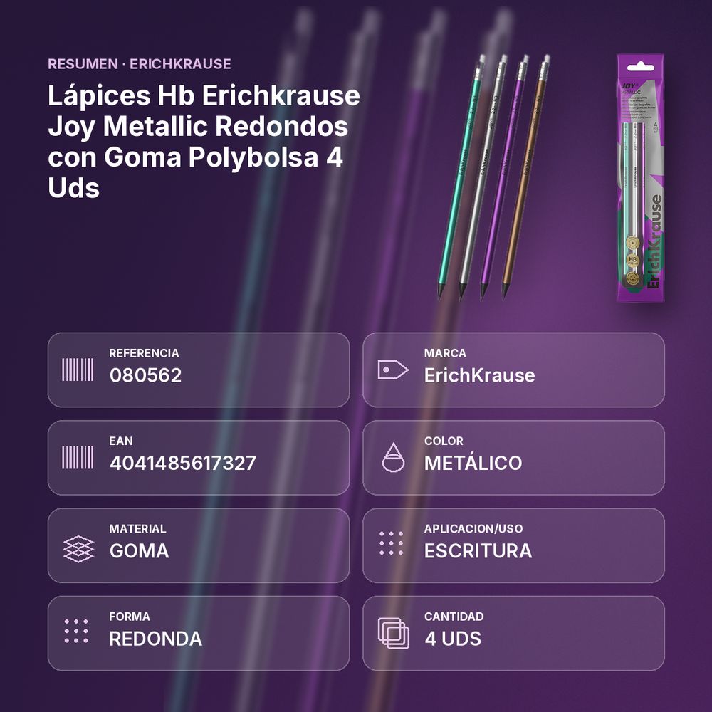LÁPICES HB ERICHKRAUSE JOY METALLIC REDONDOS CON GOMA POLYBOLSA 4 UDS - resumen de atributos