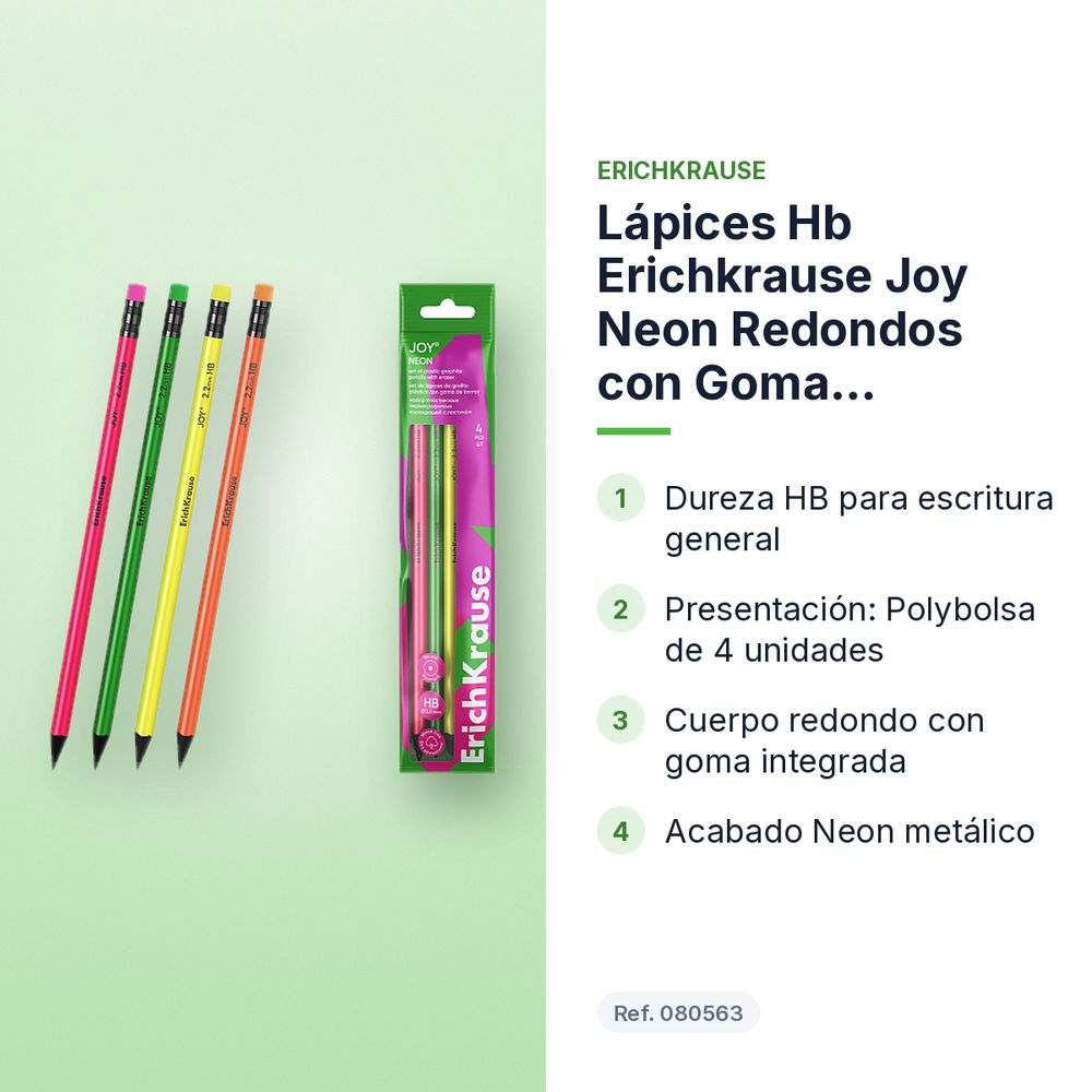 LÁPICES HB ERICHKRAUSE JOY NEON REDONDOS CON GOMA POLYBOLSA 4 UDS - características principales