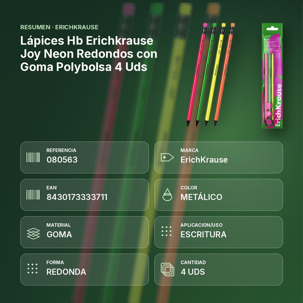LÁPICES HB ERICHKRAUSE JOY NEON REDONDOS CON GOMA POLYBOLSA 4 UDS - resumen de atributos