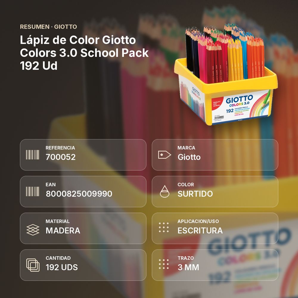 LÁPIZ DE COLOR GIOTTO COLORS 3.0 SCHOOL PACK 192 UD  - resumen de atributos