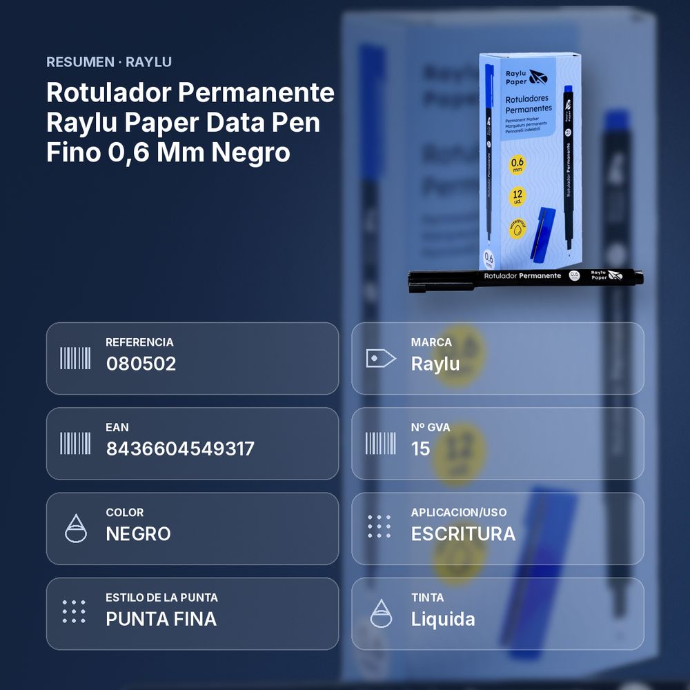 ROTULADOR PERMANENTE RAYLU PAPER DATA PEN FINO 0,6 MM NEGRO - resumen de atributos