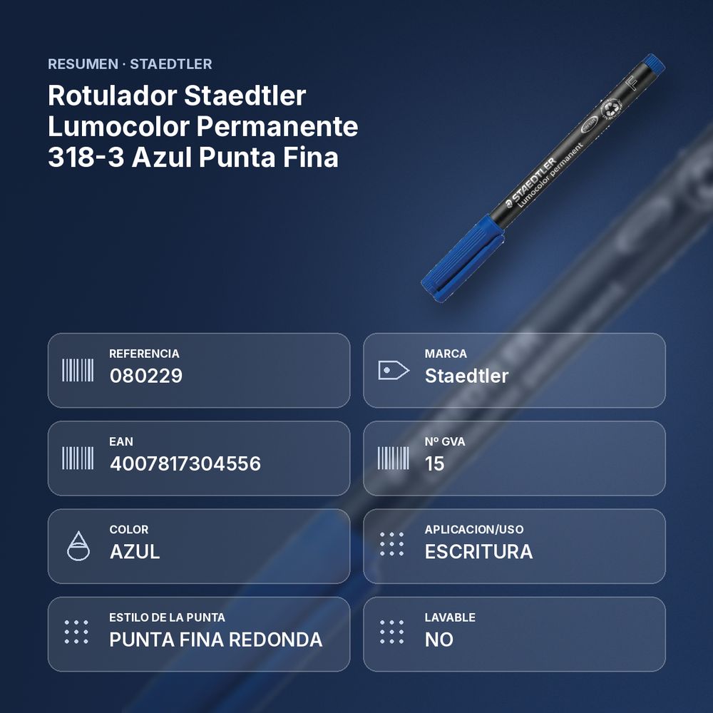 ROTULADOR STAEDTLER LUMOCOLOR PERMANENTE 318-3 AZUL PUNTA FINA - resumen de atributos