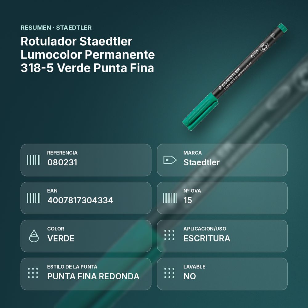 ROTULADOR STAEDTLER LUMOCOLOR PERMANENTE 318-5 VERDE PUNTA FINA - resumen de atributos