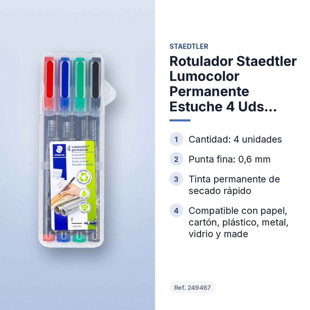 ROTULADOR STAEDTLER LUMOCOLOR PERMANENTE ESTUCHE 4 UDS PUNTA FINA - características principales