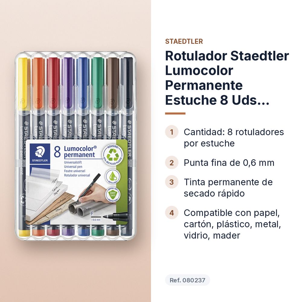 ROTULADOR STAEDTLER LUMOCOLOR PERMANENTE ESTUCHE 8 UDS PUNTA FINA - características principales