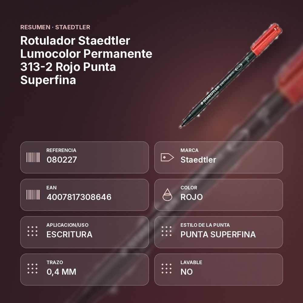 ROTULADOR STAEDTLER LUMOCOLOR PERMANENTE 313-2 ROJO PUNTA SUPERFINA - resumen de atributos