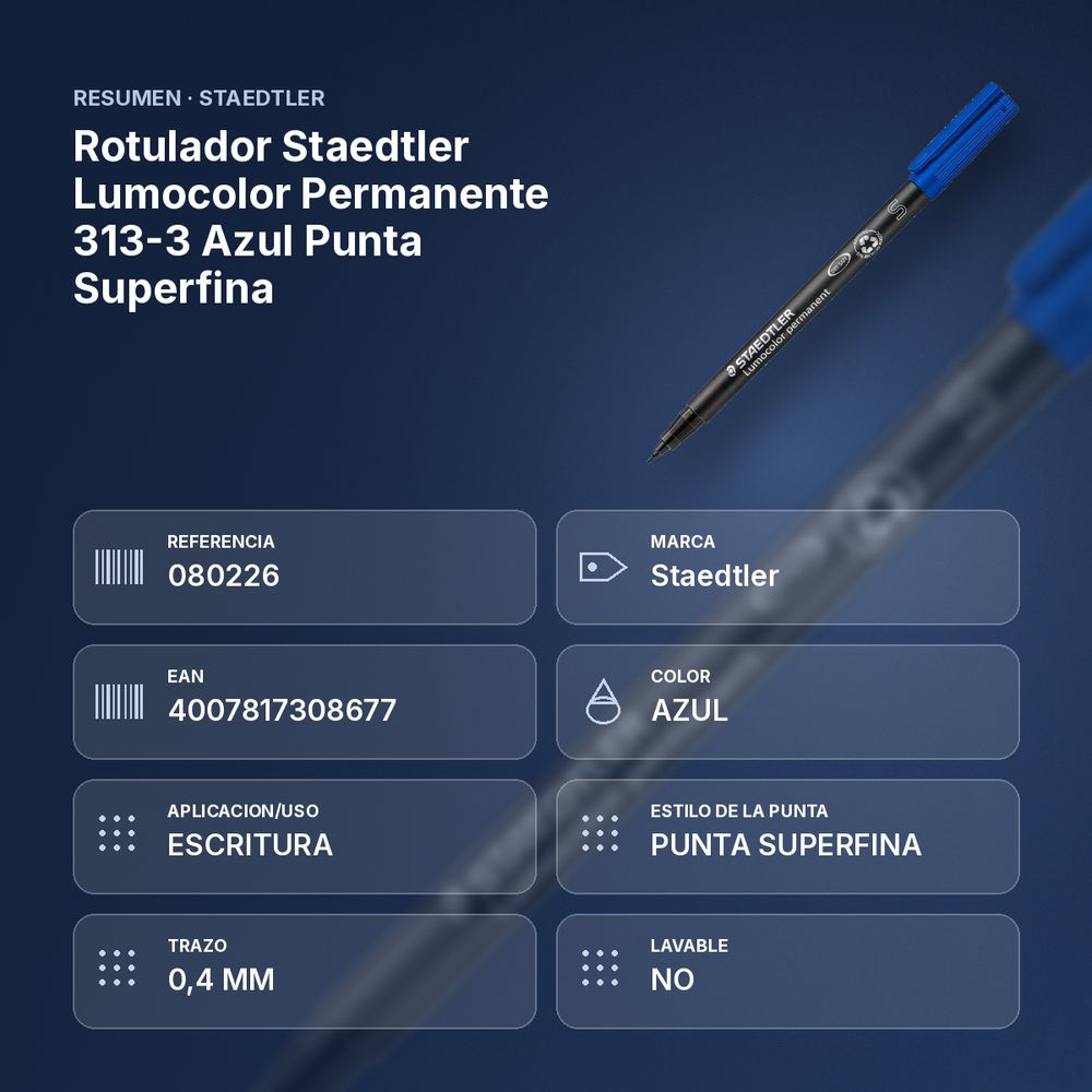 ROTULADOR STAEDTLER LUMOCOLOR PERMANENTE 313-3 AZUL PUNTA SUPERFINA - resumen de atributos