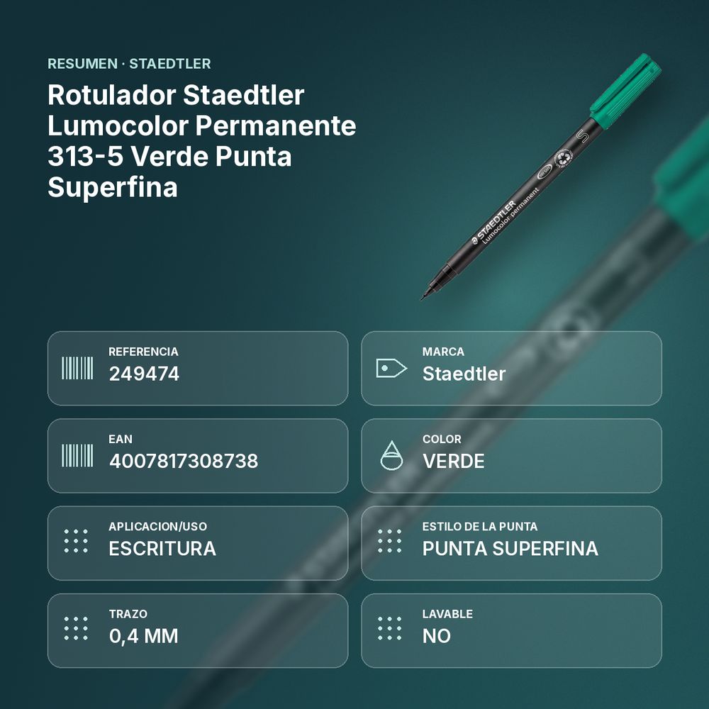 ROTULADOR STAEDTLER LUMOCOLOR PERMANENTE 313-5 VERDE PUNTA SUPERFINA - resumen de atributos