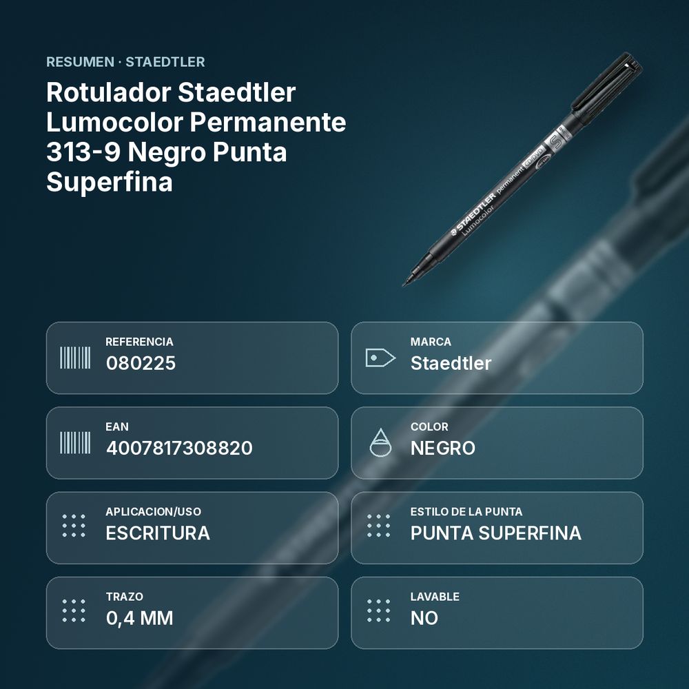 ROTULADOR STAEDTLER LUMOCOLOR PERMANENTE 313-9 NEGRO PUNTA SUPERFINA - resumen de atributos