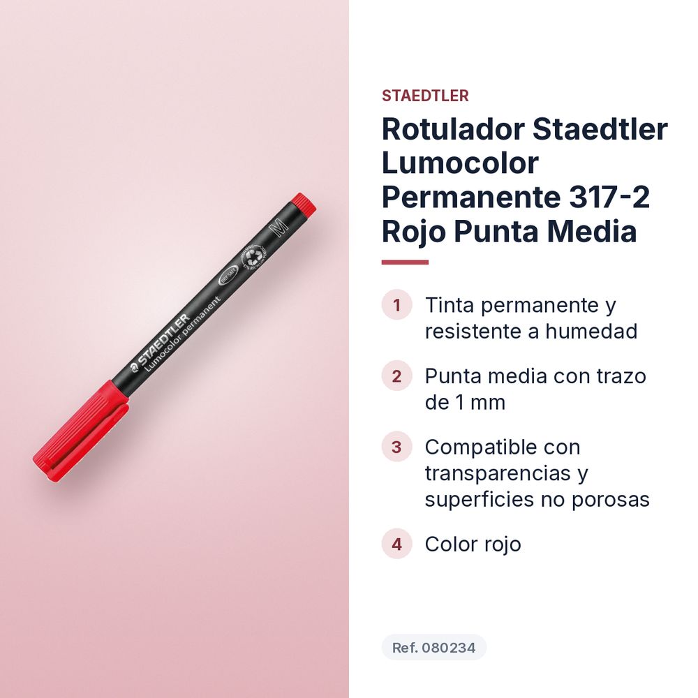 ROTULADOR STAEDTLER LUMOCOLOR PERMANENTE 317-2 ROJO PUNTA MEDIA - características principales