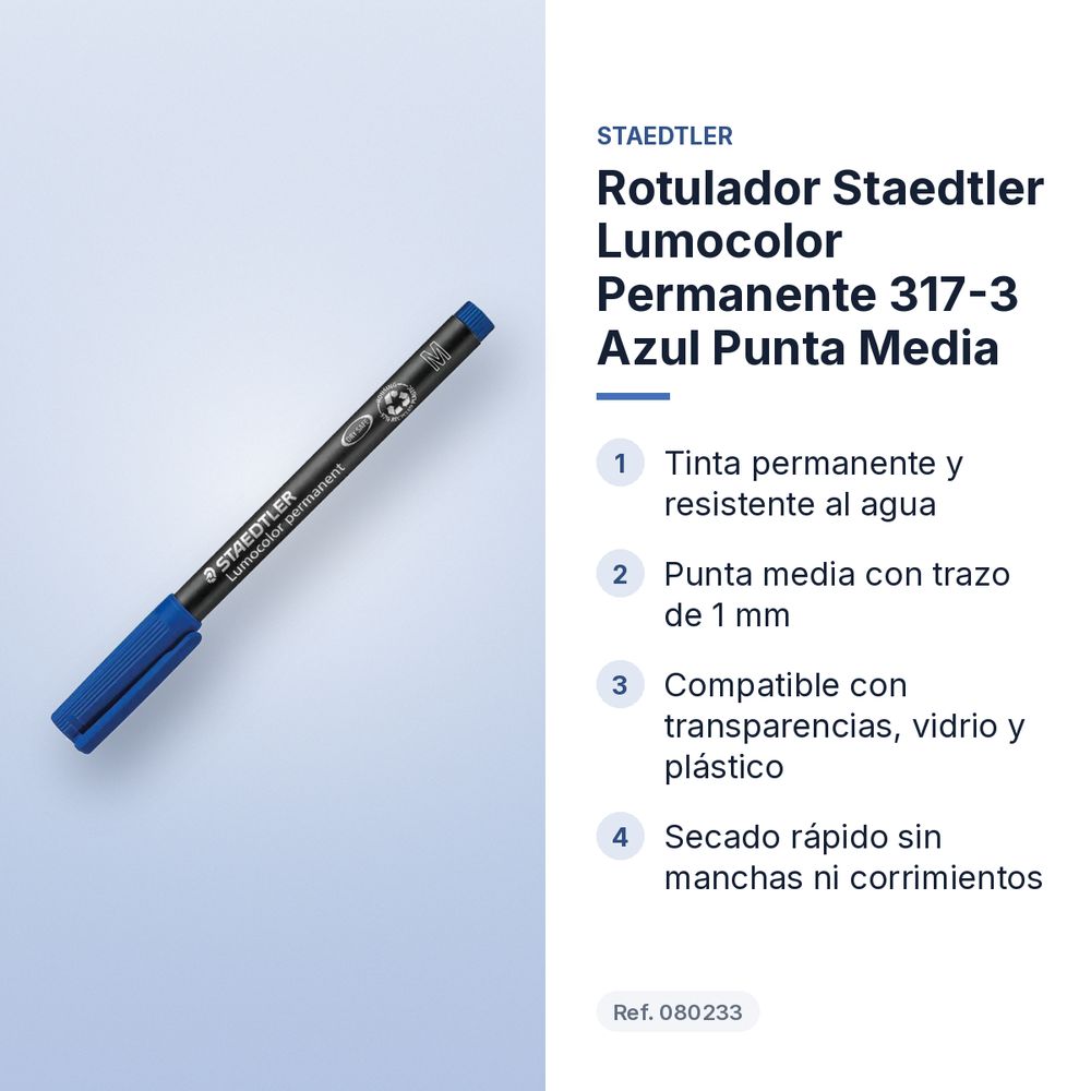 ROTULADOR STAEDTLER LUMOCOLOR PERMANENTE 317-3 AZUL PUNTA MEDIA - características principales