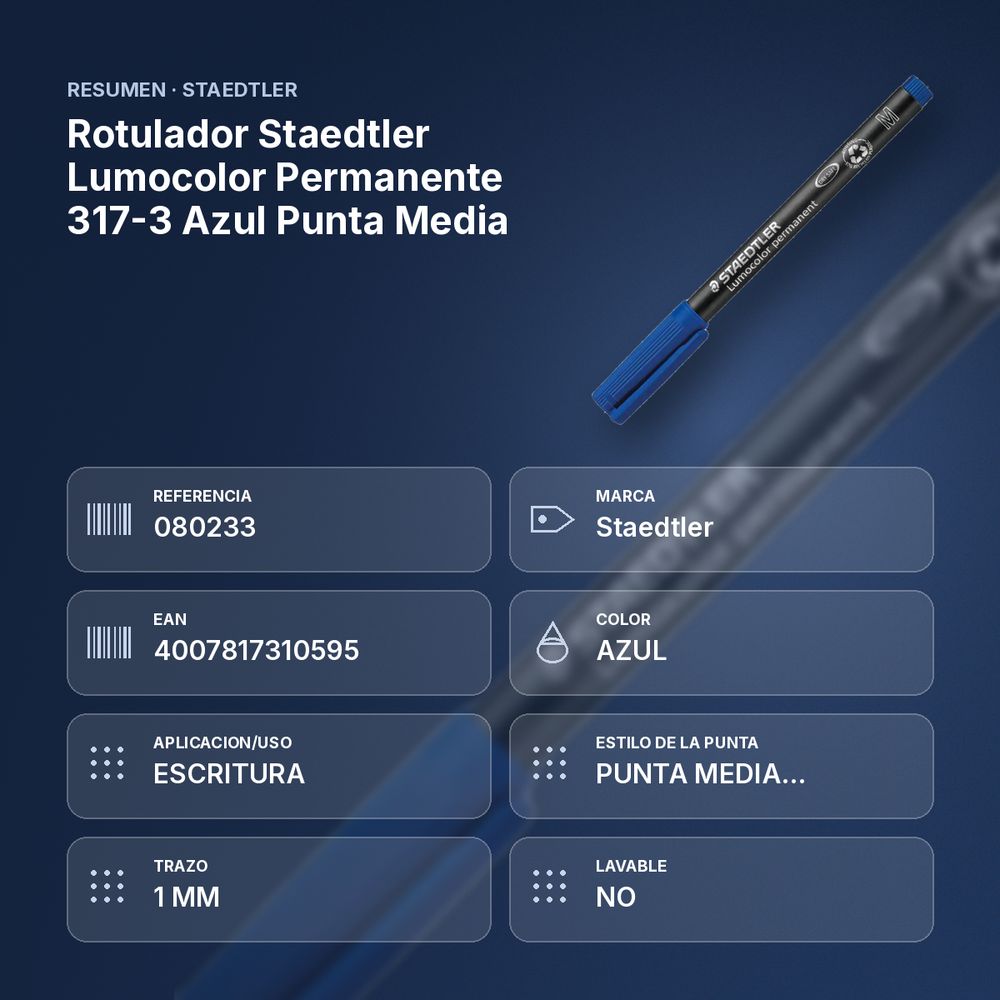 ROTULADOR STAEDTLER LUMOCOLOR PERMANENTE 317-3 AZUL PUNTA MEDIA - resumen de atributos