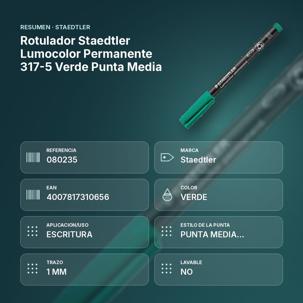 ROTULADOR STAEDTLER LUMOCOLOR PERMANENTE 317-5 VERDE PUNTA MEDIA - resumen de atributos