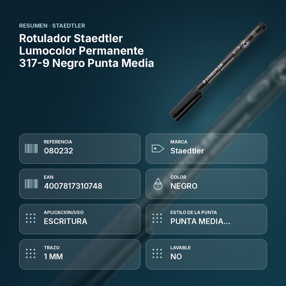 ROTULADOR STAEDTLER LUMOCOLOR PERMANENTE 317-9 NEGRO PUNTA MEDIA - resumen de atributos