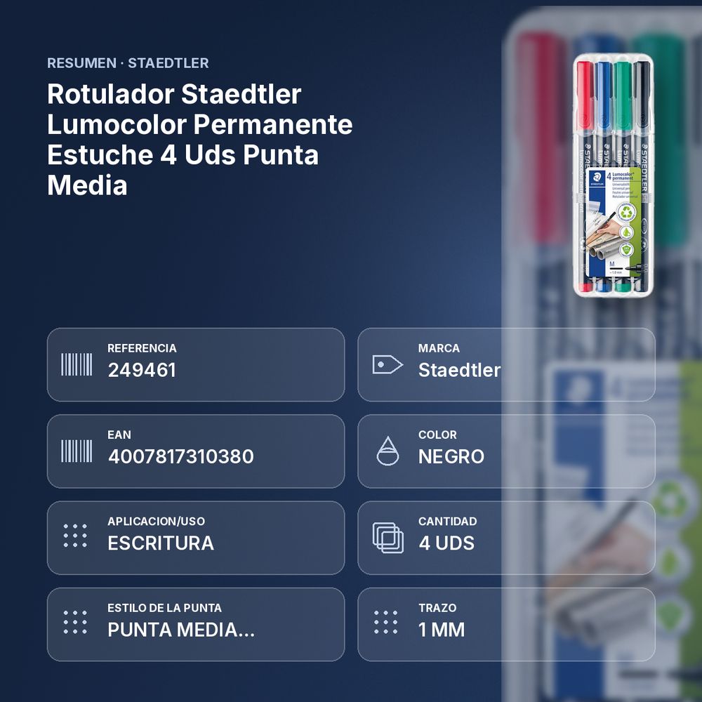 ROTULADOR STAEDTLER LUMOCOLOR PERMANENTE ESTUCHE 4 UDS PUNTA MEDIA - resumen de atributos