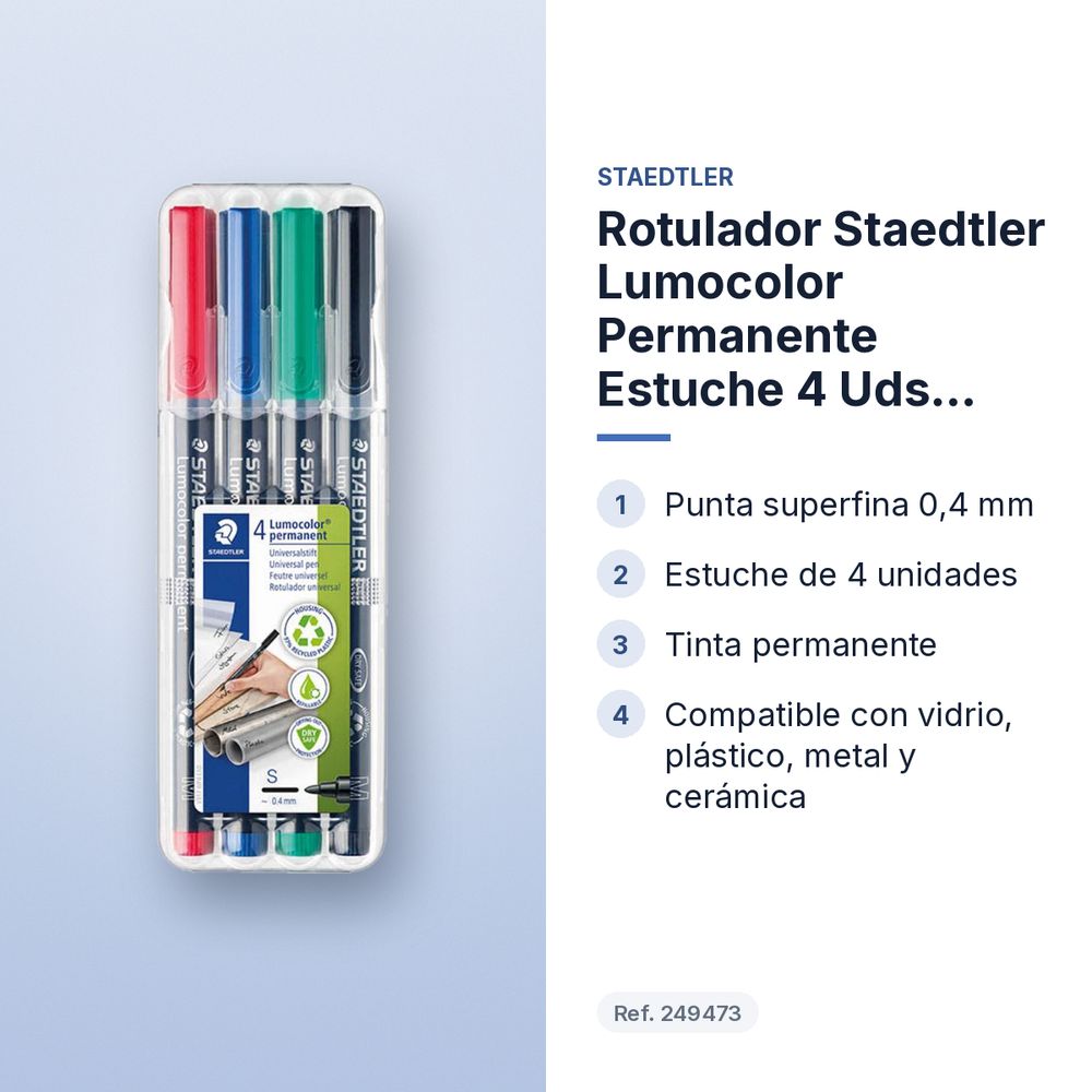 ROTULADOR STAEDTLER LUMOCOLOR PERMANENTE ESTUCHE 4 UDS PUNTA SUPERFINA - características principales