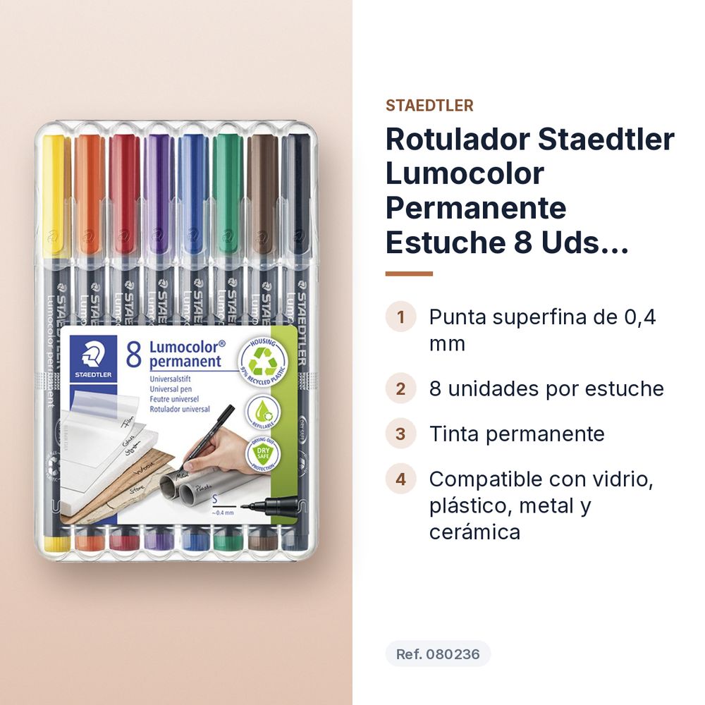 ROTULADOR STAEDTLER LUMOCOLOR PERMANENTE ESTUCHE 8 UDS PUNTA SUPERFINA - características principales