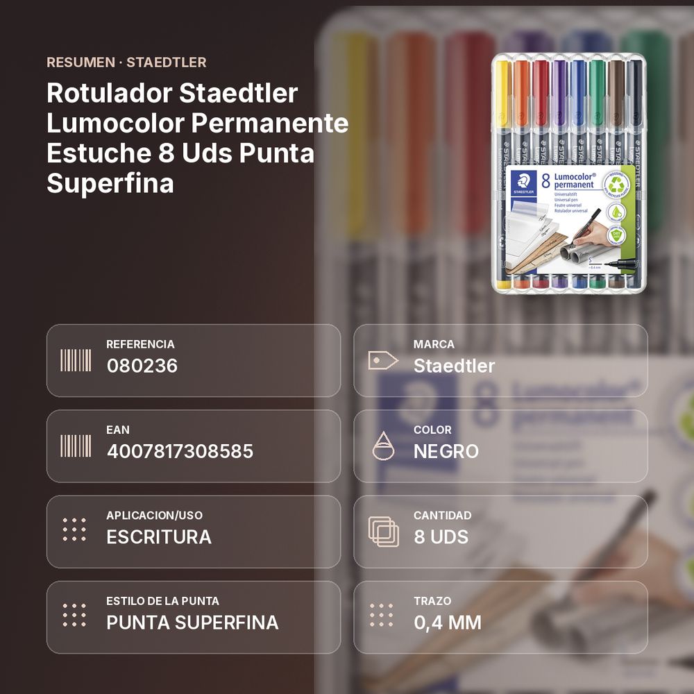ROTULADOR STAEDTLER LUMOCOLOR PERMANENTE ESTUCHE 8 UDS PUNTA SUPERFINA - resumen de atributos