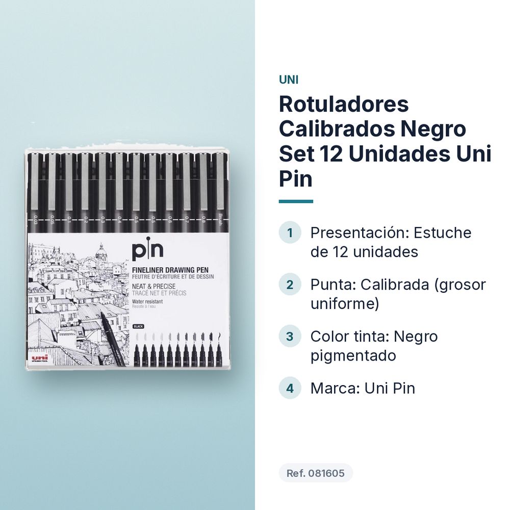 ROTULADORES CALIBRADOS NEGRO SET 12 UNIDADES UNI PIN - características principales