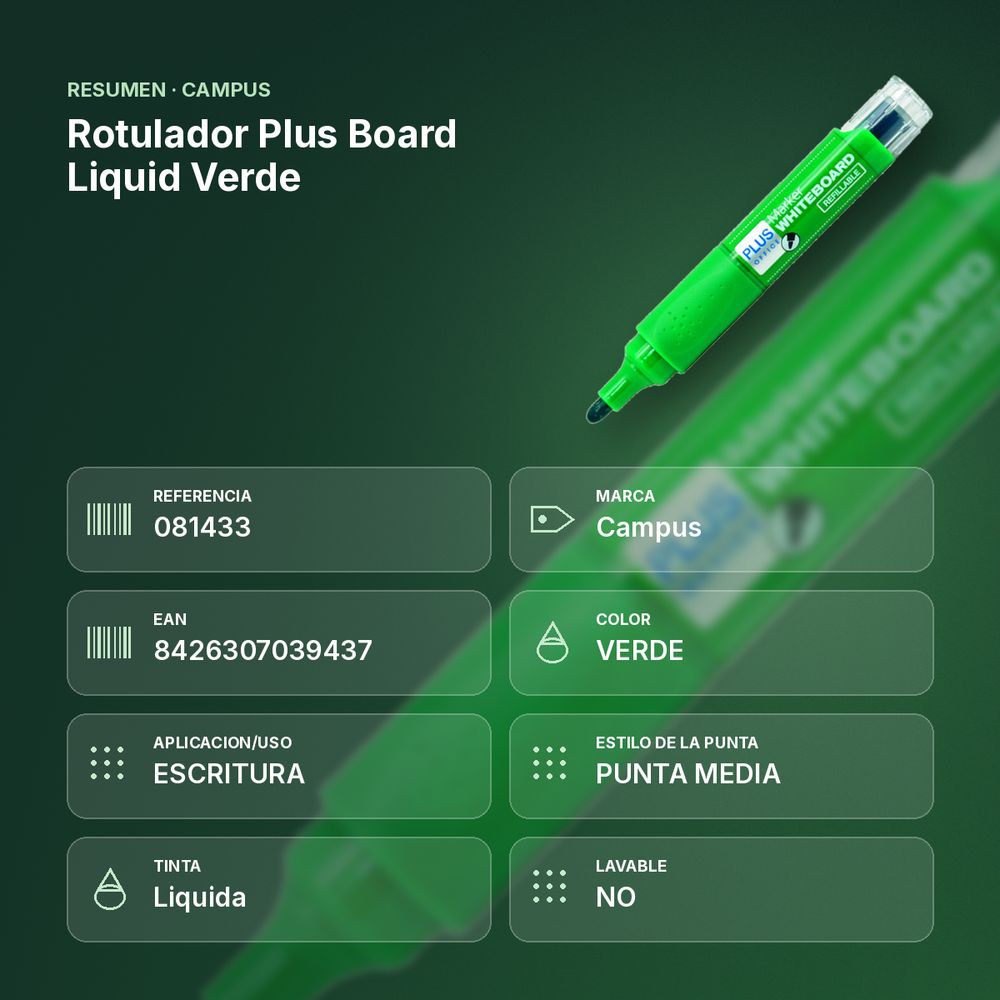 ROTULADOR PLUS BOARD LIQUID VERDE - resumen de atributos