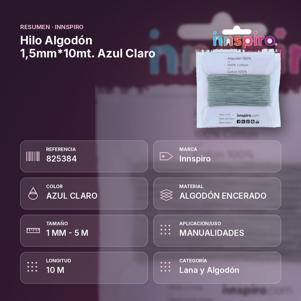 HILO ALGODÓN 1,5MM*10MT. AZUL CLARO - resumen de atributos