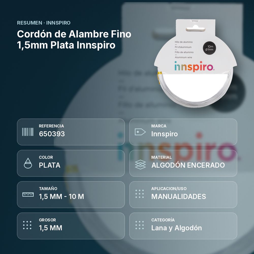 CORDÓN DE ALAMBRE FINO 1,5MM PLATA INNSPIRO - resumen de atributos