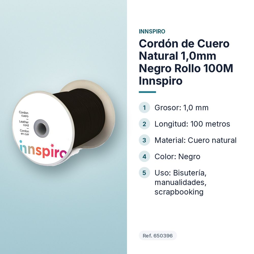 CORDÓN DE CUERO NATURAL 1,0MM NEGRO ROLLO 100M INNSPIRO - características principales
