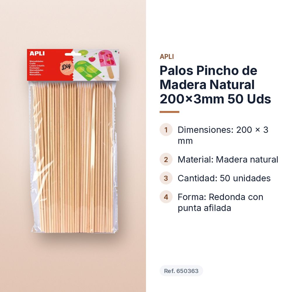 PALOS PINCHO DE MADERA NATURAL 200×3MM 50 UDS - características principales