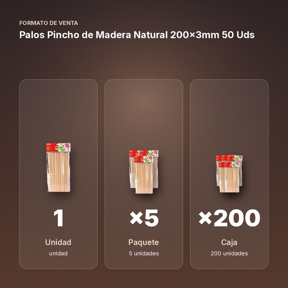 PALOS PINCHO DE MADERA NATURAL 200×3MM 50 UDS - formato de venta: paquete de 5, caja de 200, palé de 4000