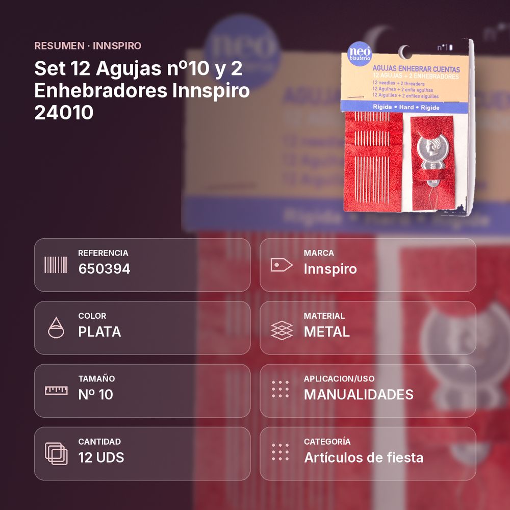 SET 12 AGUJAS Nº10 Y 2 ENHEBRADORES INNSPIRO 24010 - resumen de atributos
