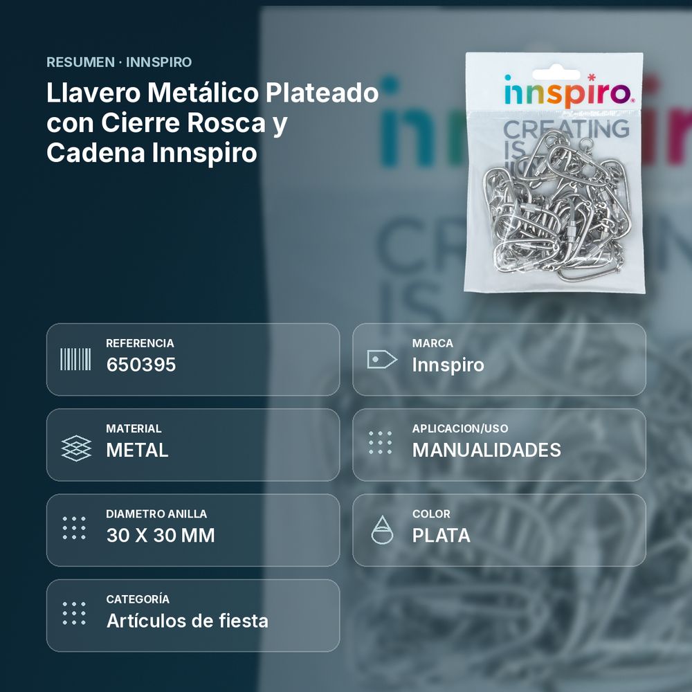 LLAVERO METÁLICO PLATEADO CON CIERRE ROSCA Y CADENA INNSPIRO - resumen de atributos