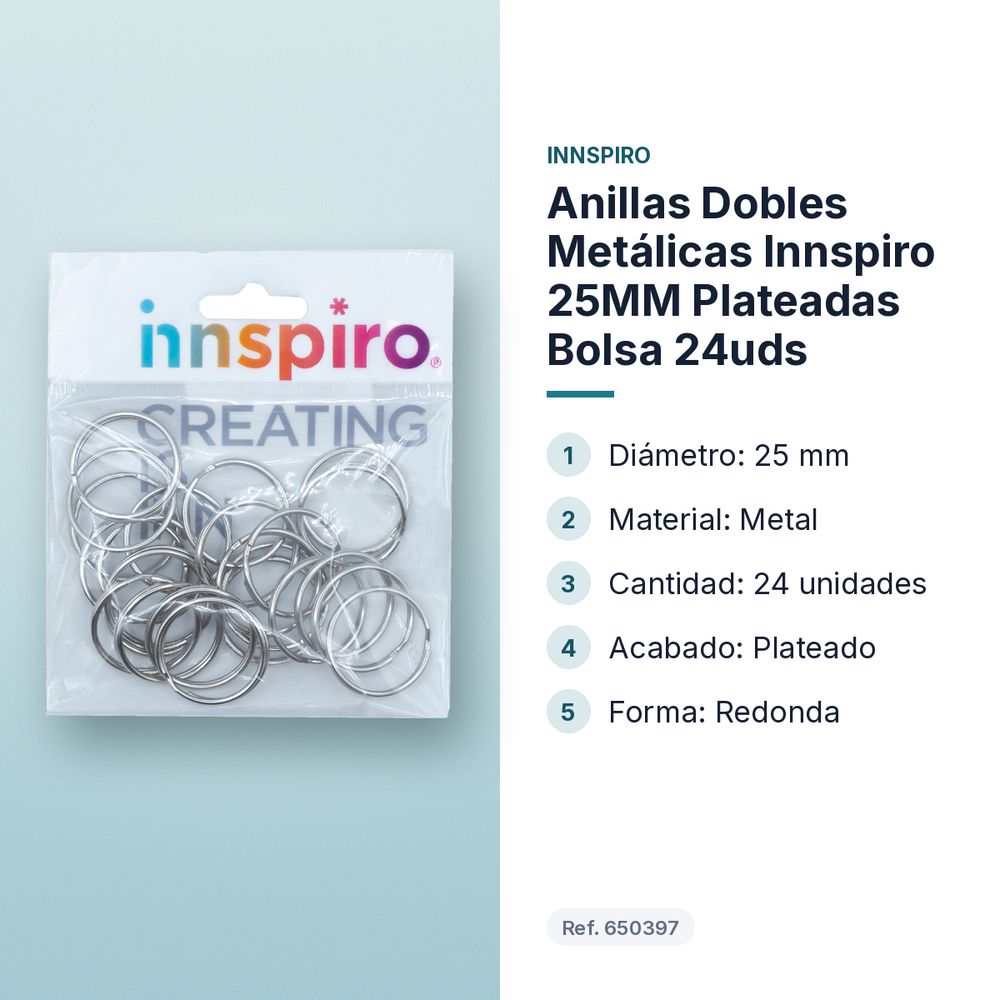 ANILLAS DOBLES METÁLICAS INNSPIRO 25MM PLATEADAS BOLSA 24UDS - características principales