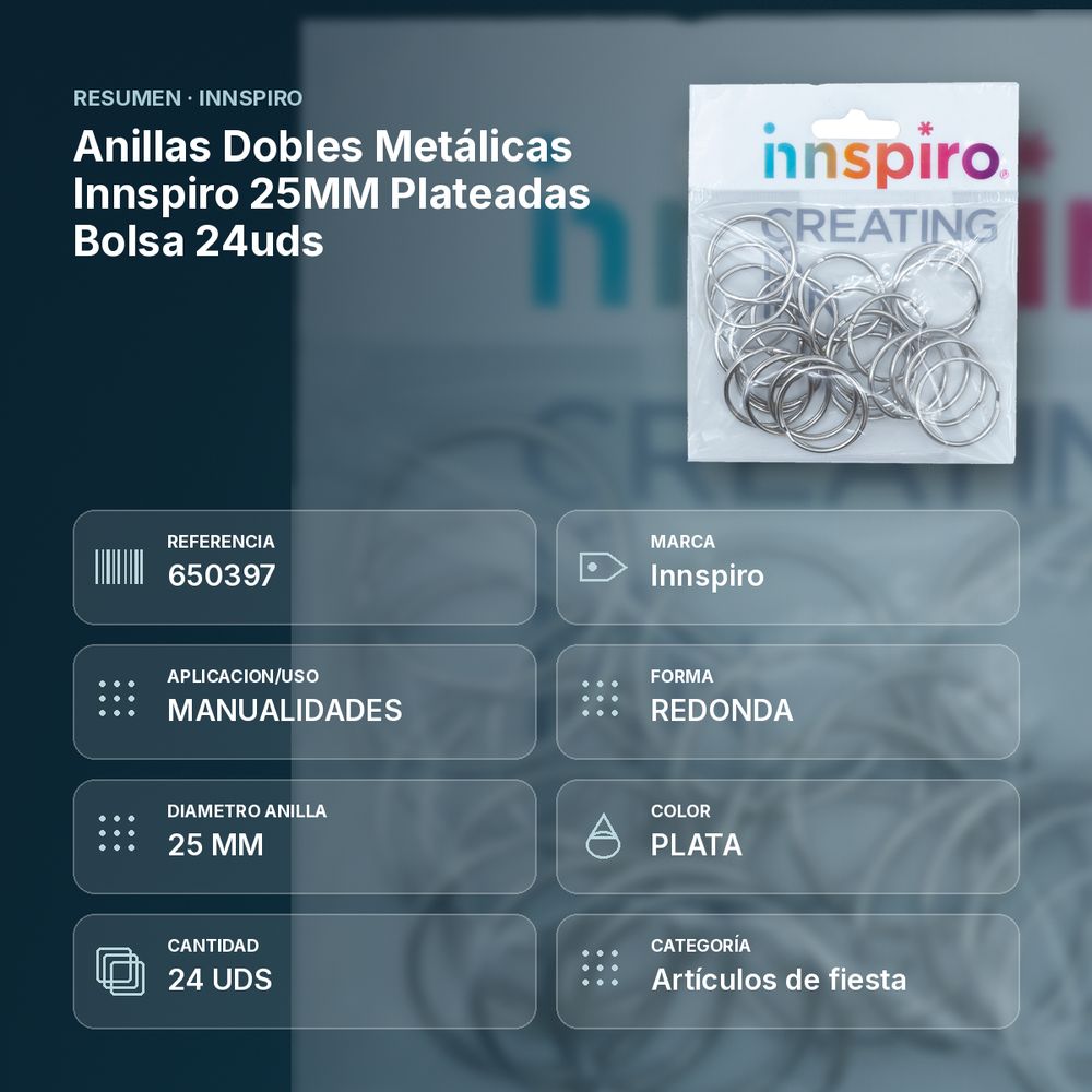 ANILLAS DOBLES METÁLICAS INNSPIRO 25MM PLATEADAS BOLSA 24UDS - resumen de atributos