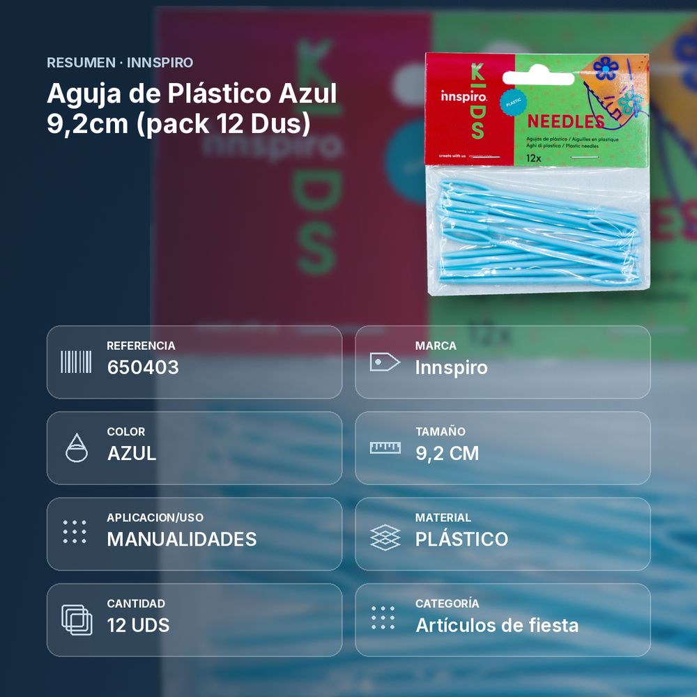 AGUJA DE PLÁSTICO AZUL 9,2CM (PACK 12 DUS) - resumen de atributos