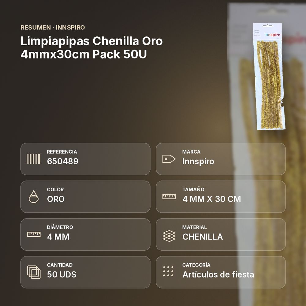 LIMPIAPIPAS CHENILLA ORO 4MMX30CM PACK 50U - resumen de atributos