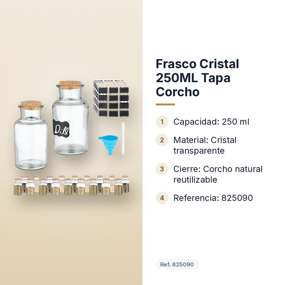 FRASCO CRISTAL 250ML TAPA CORCHO - características principales