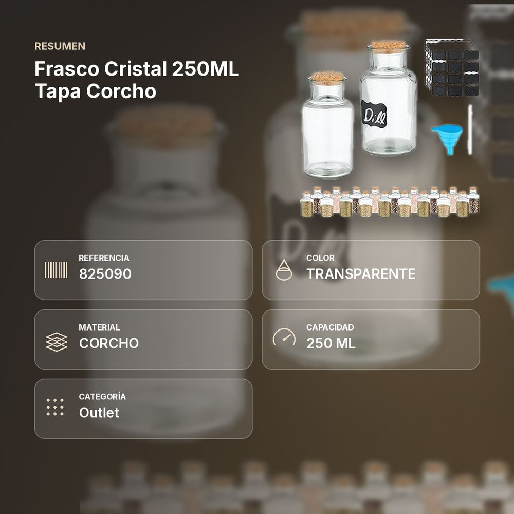 FRASCO CRISTAL 250ML TAPA CORCHO - resumen de atributos
