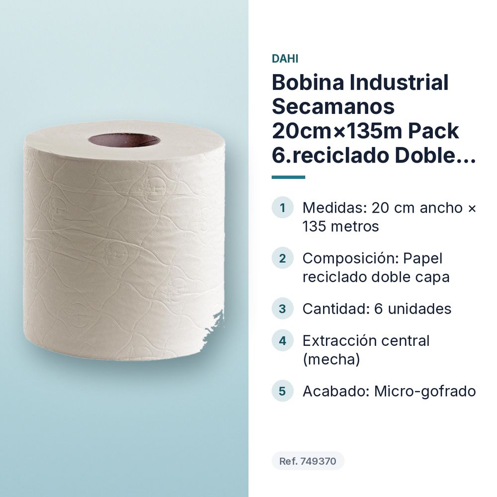 BOBINA INDUSTRIAL SECAMANOS 20CM×135M PACK 6.RECICLADO DOBLE CAPA  - características principales