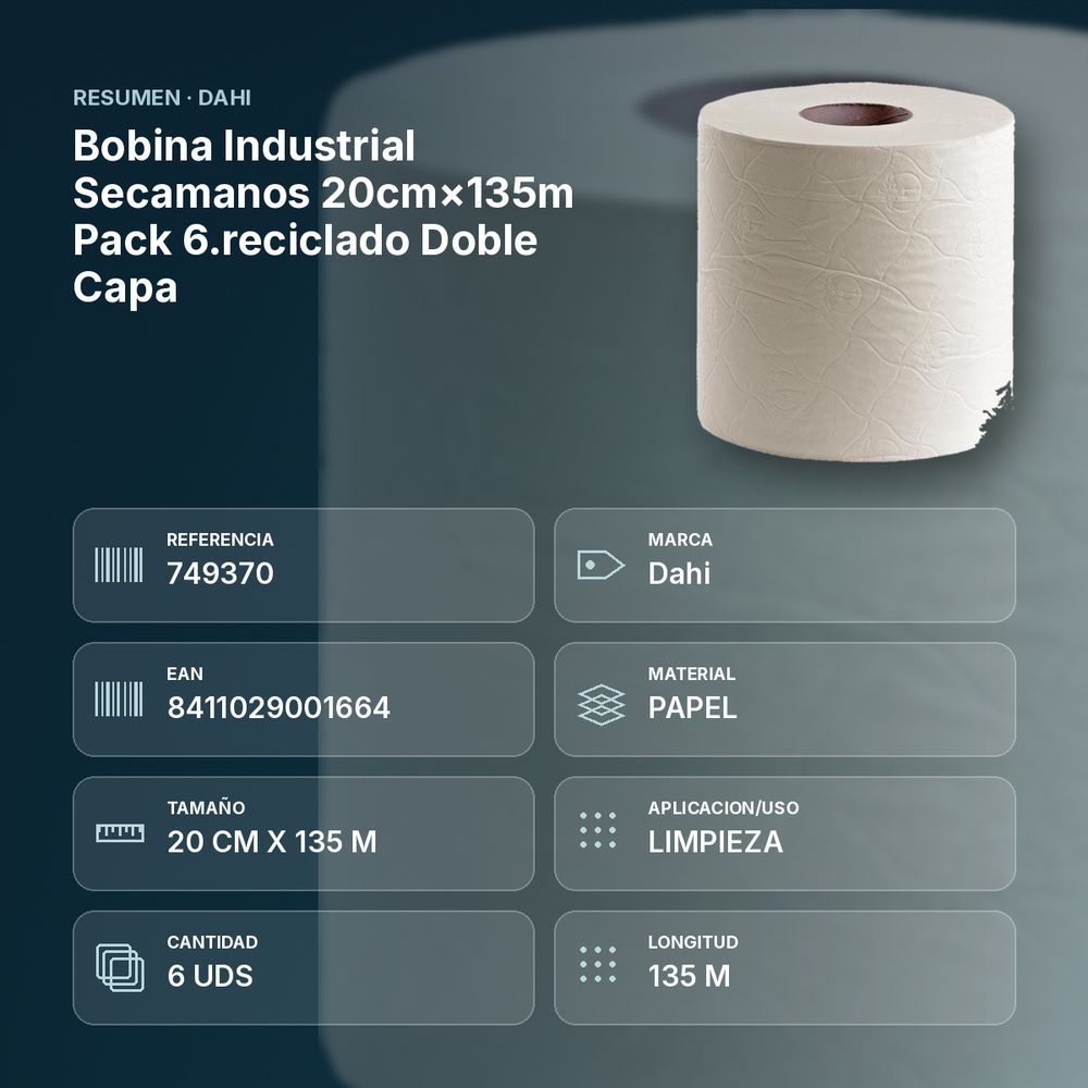 BOBINA INDUSTRIAL SECAMANOS 20CM×135M PACK 6.RECICLADO DOBLE CAPA  - resumen de atributos