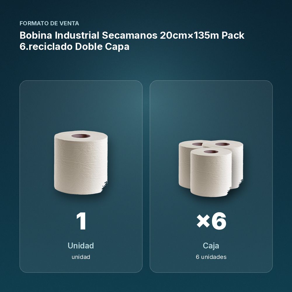 BOBINA INDUSTRIAL SECAMANOS 20CM×135M PACK 6.RECICLADO DOBLE CAPA  - formato de venta: caja de 6