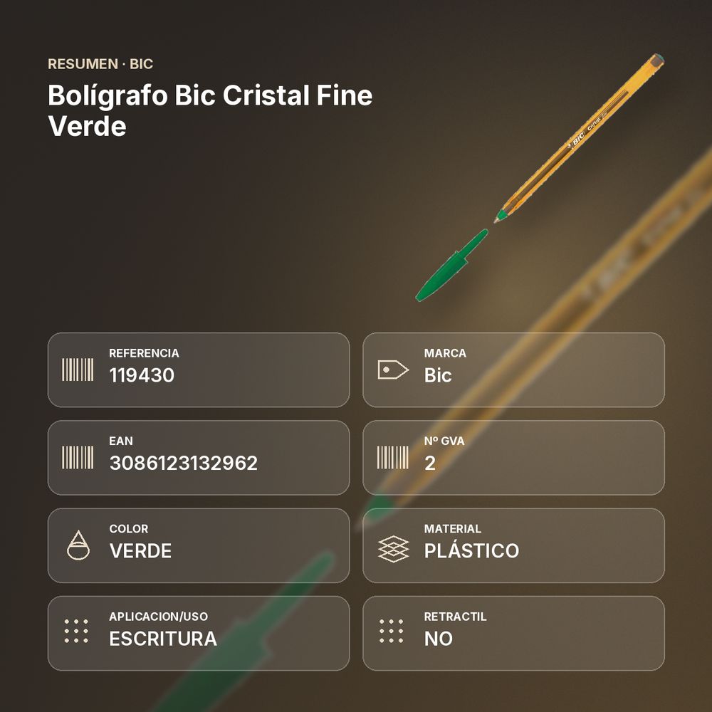 BOLÍGRAFO BIC CRISTAL FINE VERDE - resumen de atributos
