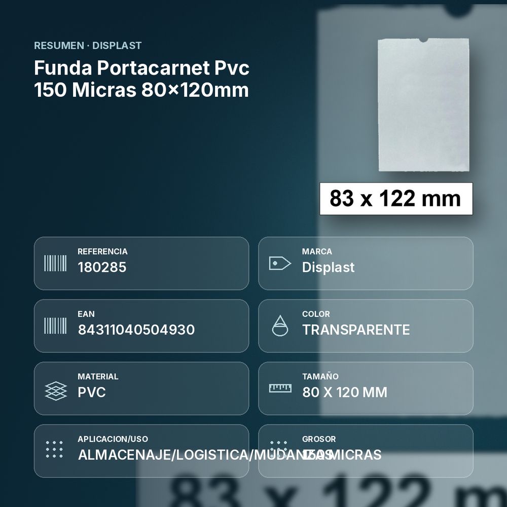 FUNDA PORTACARNET  PVC 150 MICRAS 80X120MM - resumen de atributos