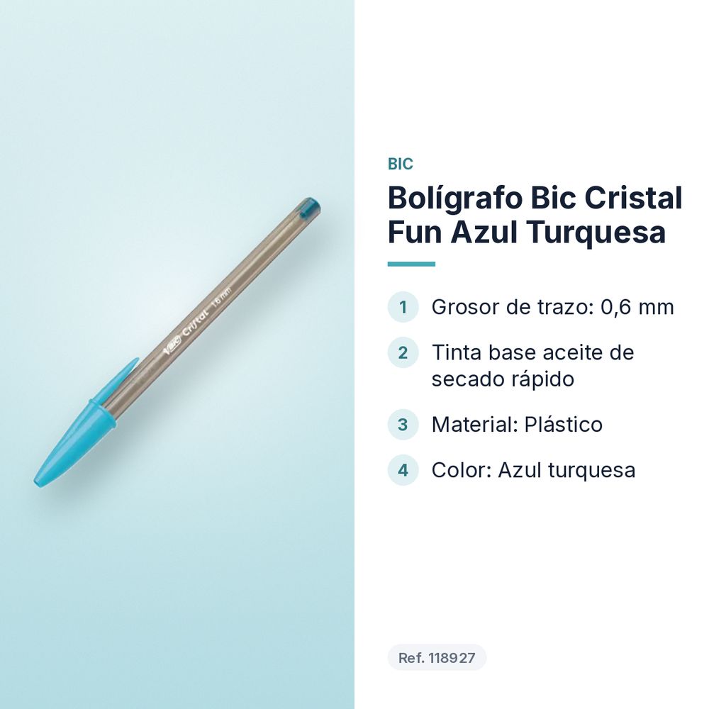 BOLÍGRAFO BIC CRISTAL FUN AZUL TURQUESA  - características principales